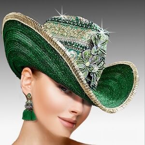 Stunning Green Couture Cowboy Hat Jeweled Pave Bling Women's Country Western